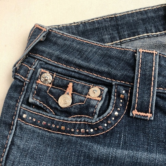 True Religion medium wash rose stitch straight jeans with crystal back pockets - Picture 5 of 16